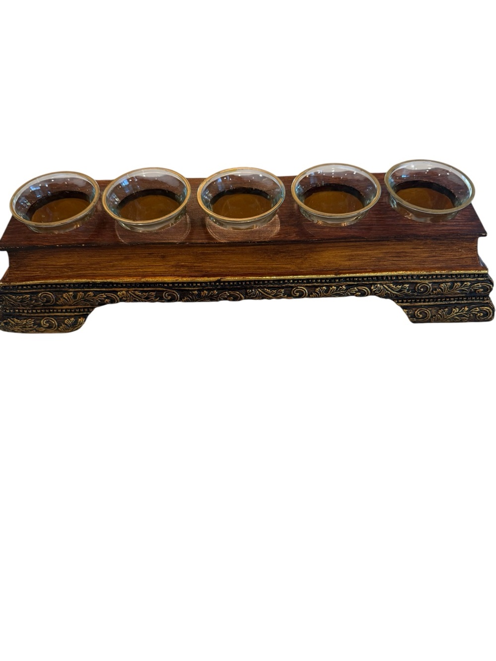 Wooden Decorative Tea Light Holder with Glass Cups - Brown & Gold